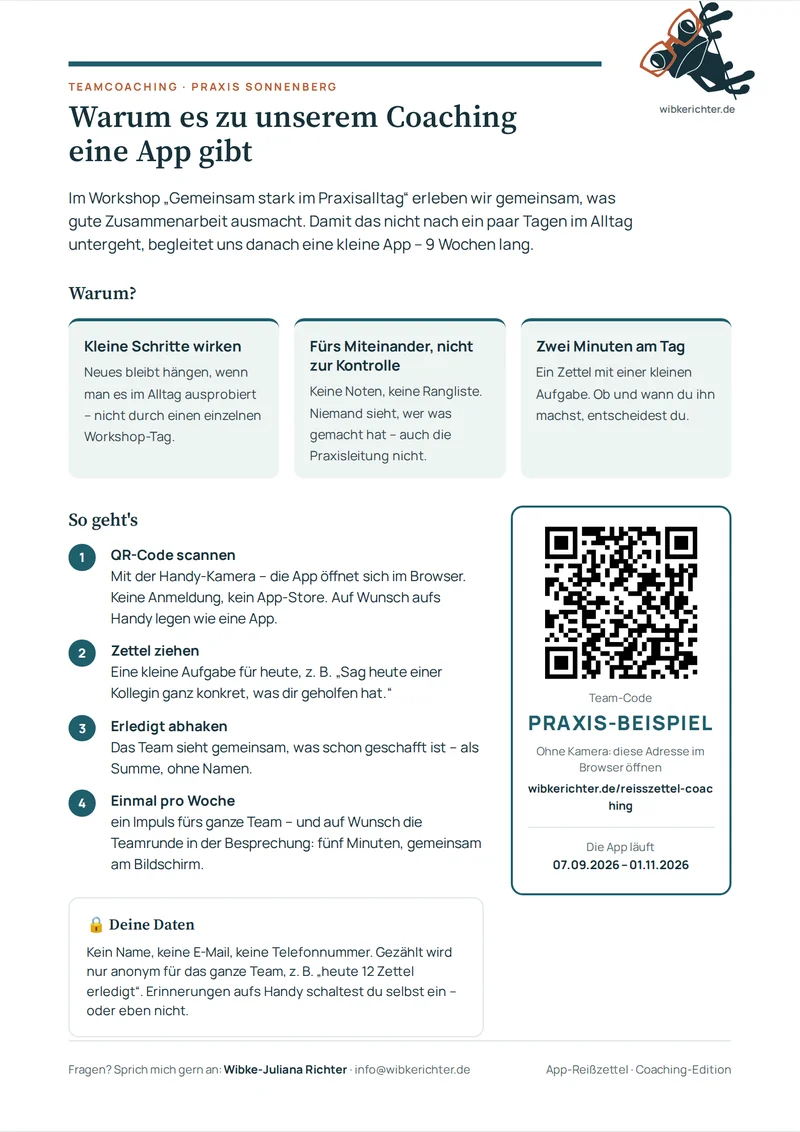 Muster: Info fürs Team – eine Seite mit Warum, So geht’s, Datenschutz und QR-Code