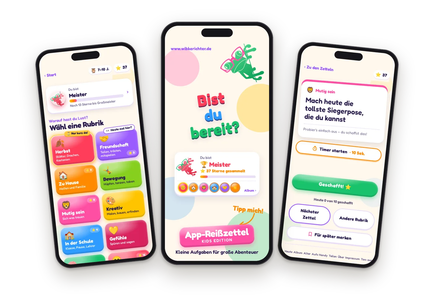 KIDS Edition: Rubriken, Startbildschirm mit Rang und Stickern und ein gezogener Zettel