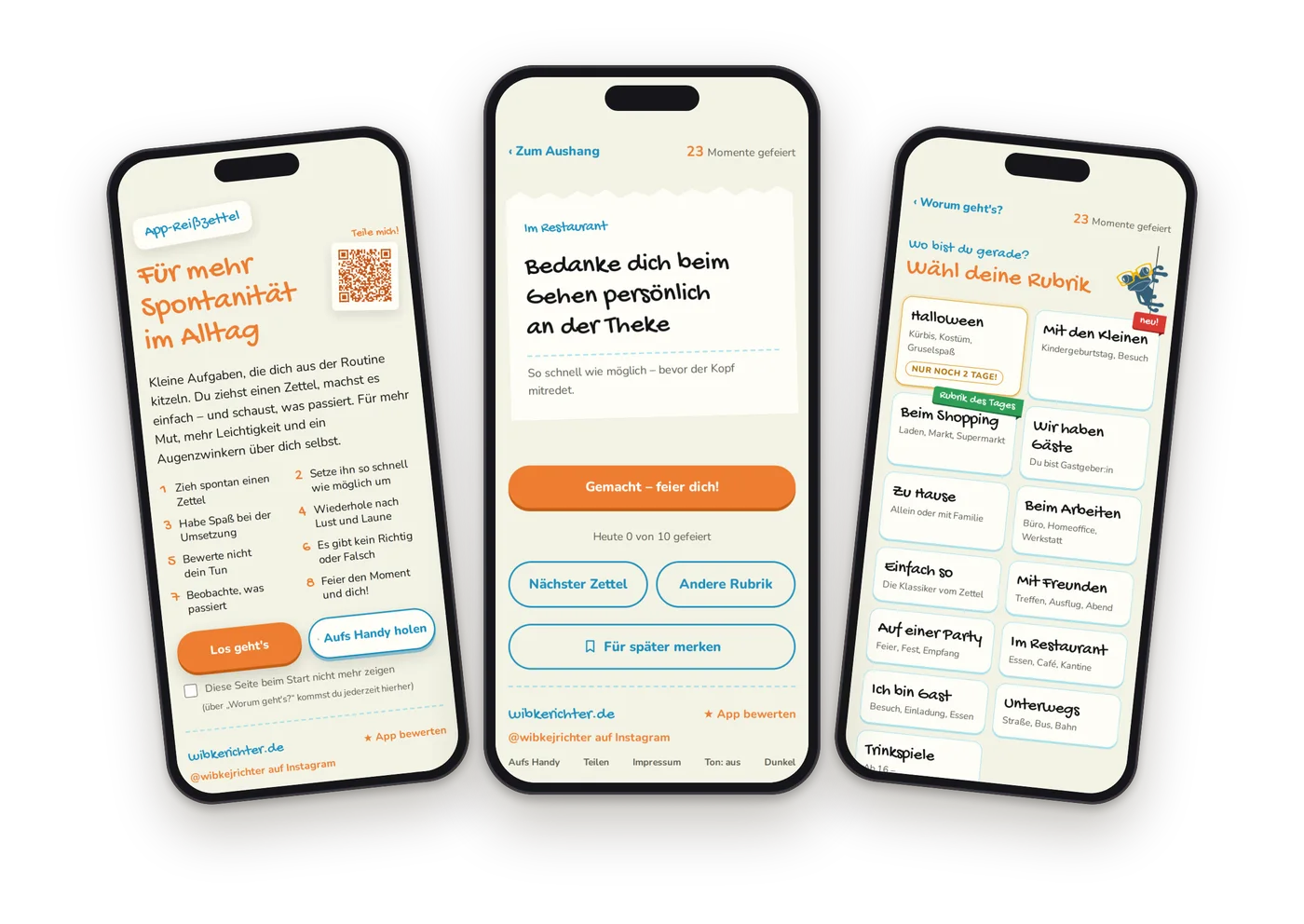 App-Reißzettel: Startseite, ein gezogener Zettel und die Auswahl der Rubriken