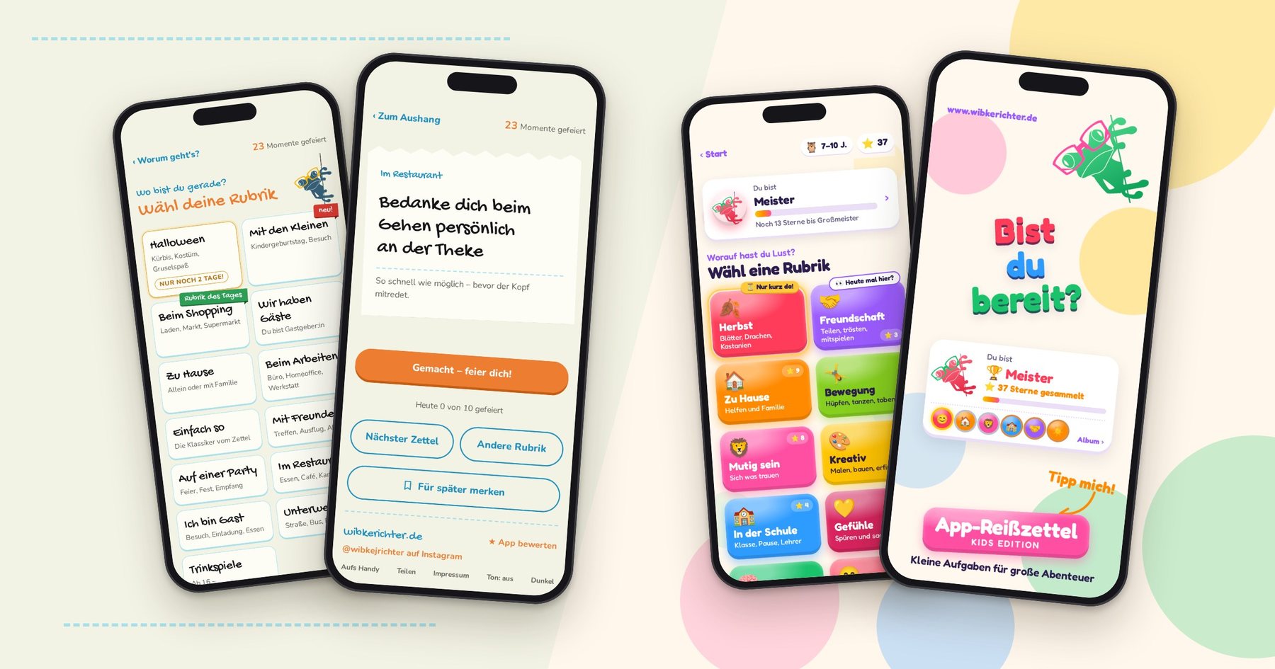 Vier Handys mit Bildschirmen aus dem App-Reißzettel und der KIDS Edition